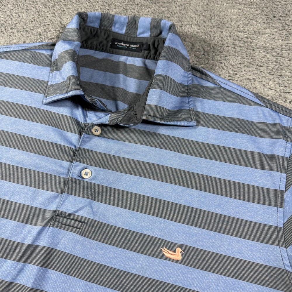 Southern Marsh Performance Polo‎ Shirt Mens Medium Blue Striped Golf Chest Logo